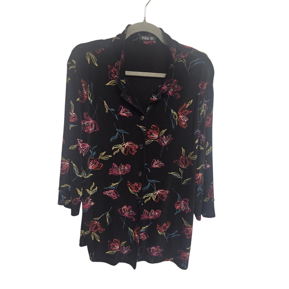 Vikki Vi Black Floral Slinky Knit Button Down Tunic Top Long Sleeve Plus Size